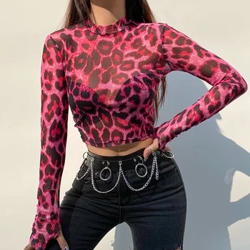 Weekeep Červená Leopard Tlač Vintage Oka Orezať Začiatok Leta 2021 Transparentné Žena T-shirt Streetwear Módy Klub Harajuku Slim Čaj
