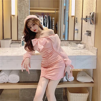 Sexy Šaty Žien Pink S Dlhým Rukávom Luk Patchwork Kórejský Sladké Mimo Ramenný Strany Klubu Šaty Vestidos