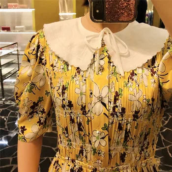 Vintage Yellow Kvetinový Vytlačené Šifón Šaty pre Ženy Lete Roku 2020 Dráhy Dizajnéri Elegantné Volániky Mini Šaty Vestidos