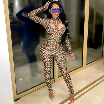 Dlhý Rukáv Leopard Tlač Jumpsuit Ženy Chudá Bodycon Remienky Dámske Jumpsuit Celkovo Sexy Jeden Kus Oblečenia Žien Club Oblečenie