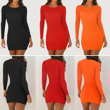 2021 dámske Šaty, Sexy Letné Dlhý Rukáv Nádrž Tenký Mini Krátke Pletené Bodycon SunDress Orange Black Red