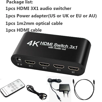 3 Port 4K*2K 1080P HDMI Prepínač Prepnite Volič 3x1 Splitter s toslink a auido port Box Ultra HD pre HDTV Multimediálne