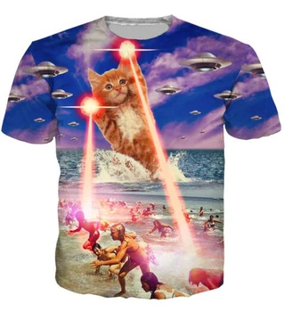 Mačiatko Potravín Pizza T-Shirt 3D Tlač Pláži Laser Cat Tshirts Ženy Lete O-Krku Lumbálna Tees UFO Mačky Topy Oblečenie Nadrozmerná