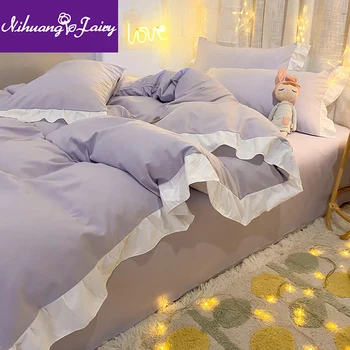 Kórejský umyté bavlna posteľ list štyri-dielna sada iny štýl holka srdce princezná štýl perinu list tri-kus čipky