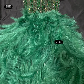 Vianočné zelené Lesklé Drahokamu dlhý chvost Perie Šaty elegantné Ženy Večierok Prom Kryštály Šaty Spevák výkon župan