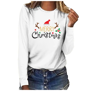 2020 Vianočné Funny T-Shirt Ženy tričko Santa Jeleň Vytlačené Dlhý Rukáv Košele Dovolenku Tee Topy Nový Rok Oblečenie Ako Darčeky A50