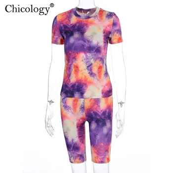 Chicology tie dye tlač neon športové 2 kus dvoch zodpovedajúce nastavenie ženy 2020 letné top vysoký pás šortky sexy oblečenie, streetwear