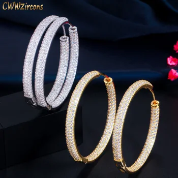 CWWZircons Ohromujúci Obojstranný Cubic Zirconia Veľký Kruh, Kolo Obvodové Náušnice pre Ženy 2021 Trendy Zlatá Farba Šperky CZ843