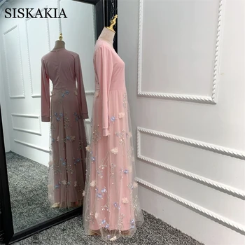 Siskakia Maxi Šaty na Jeseň 2020 Nové O Krk Dlhý Rukáv 3D Kvet Oka Výšivky Dubaj arabčina Turecko Moslimskou Oblečenie pre Ženy