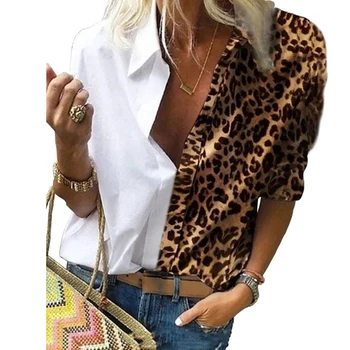 Nové Leopard Šifón, Blúzky, Ženy 2020 Jeseň Zase Dole Golier Patria Dlhé Rukávy Oblečenia Uvoľnite Office Lady Style Plus Veľkosť