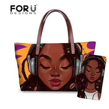 FORUDESIGNS Kabelku&Kabelky Ženy 2ks/set Cestovné Strane Bag Ladies Black Art Africké Dievčatá Tlač Ramenný Tote Taška pre Ženy