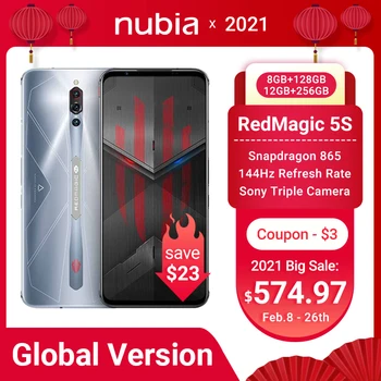 Globálna Verzia Nubia Červená mágia 5S Herné Smartphone Redmagic 5S 5G 8GB RAM Hry Mobilný Telefón 144Hz AMOLED Snapdragon 865 NFC