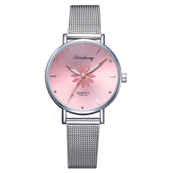 Dámske náramkové hodinky Luxusné Strieborné Populárny Ružový Ciferník Kvety Kovové Dámy Náramok Quartz Hodiny Módne Náramkové Hodinky 2020 Top