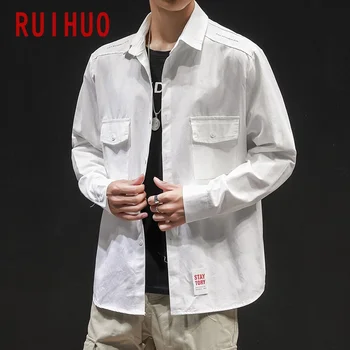 RUIHUO Bežné Retro Košele Pre Mužov Oblečenie 2020 Streetwear Módy Mužov Tričko Biele Tlačidlo Nahor Dlhý Rukáv Tričko Muži M-5XL