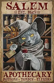 Salem Apothecary Lektvary Mačka Čarodejnice Piť Víno Halloween Tin Znamení Retro Štýl Miller Pivo Bar Den Halloween Maľovanie Kovových opasok 8x12