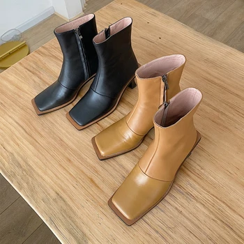 NORBERG 2020 dámske zimné topánky štvorcové prst odmocnina móda, topánky kožené členkové topánky pre ženy