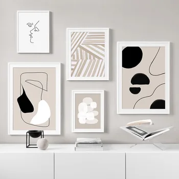 Abstraktné Geometrické Línie Vzor Béžová Čierna Plátno na Maľovanie Módny Plagát, Tlač Wall Art Obrázky pre Obývacia Izba Domova