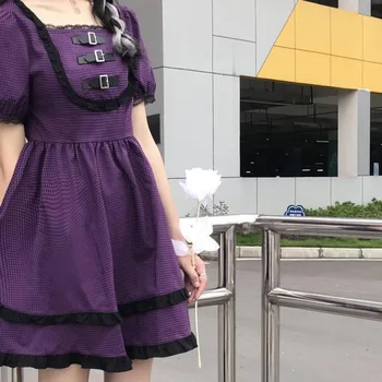 Harajuku Gothic Lolita Šaty Letné Japonské Dievčatá Fialová Koberčeky Kawaii Mini Šaty Elegantné Ženy Sladké Čipky Volánikmi Punk Šaty