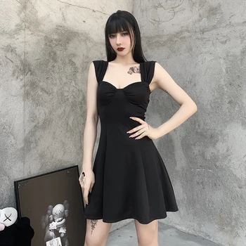 InsGoth Sexy Čierne Goth Šaty Žien Gotický Vysoký Pás Mini Vintage Šaty Bez Rukávov Podprsenka Vybudovať Rad Šaty Strany Klubu Nosiť