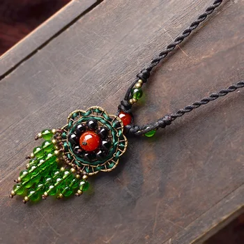 Vintage dlhý sveter maxi náhrdelník pre ženy zelená syntetické crystal červený kameň, bronz kvet prívesok lano, reťaz módne šperky