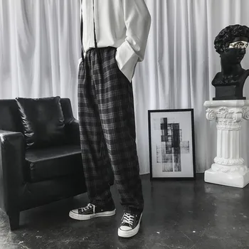 Zimné Vlnené Nohavice Muži Móda Retro Bežné Kockované Nohavice Muž Streetwear Hip Hop Voľné Šnúrkou Rovné Nohavice Muži M-2XL