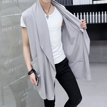 Muži móda dlhá vesta bez rukávov bundy cardigan mužov nočný klub spevák fáze kostým kórejský bežné plášť colete masculino