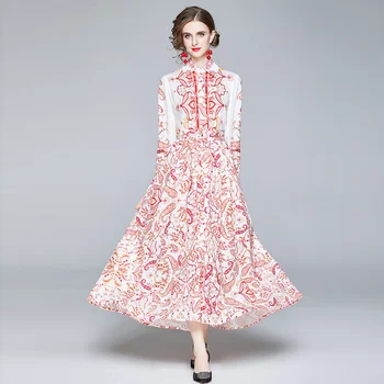 Croysier Maxi Šaty Pre Ženy 2020 Jeseň Oblečenie Tričko S Dlhým Rukávom Šaty S Pásom Vintage Paisley Tlače Elegantné Dlhé Šaty