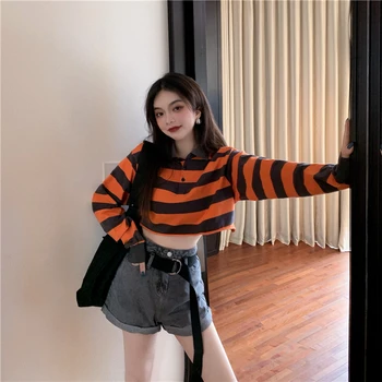 Tričko jeseň roku 2019 kórejský štýl ženy gotickej módy streetwear punk dlhý rukáv plodín top príležitostné voľné prúžok dámske tričko femme