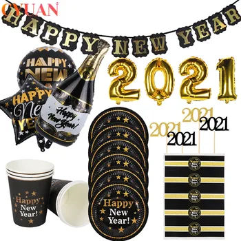 69pcs Nový Rok Predvečer Dekorácie 2021 Balóny Šťastný Nový Rok Banner Poháre Taniere 2021 Tortu Vňaťou Nový Rok Stolové Dekorácie