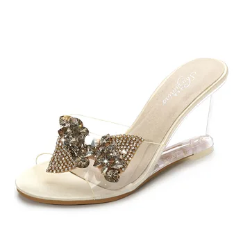 Nové Dámske Vysoké Podpätky 8 cm Non-slip Svadobné Party Sandále Ženy Čerpadlá Motýľ Crystal Kamenný Klin Transparentné Papuče