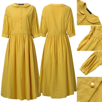 ZANZEA Vintage Midi Tričko Oblečenie dámske na Jar Sundress Módne Lístkového Rukáv Dlhý Vestido Žena Bežné Skladaný Šaty Plus Veľkosť 7