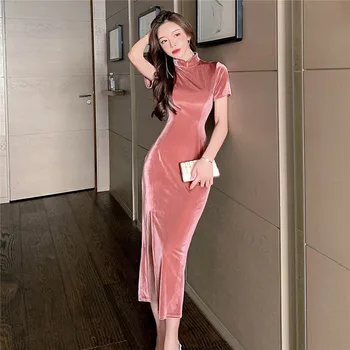 2020 Jesenné A Zimné Nové Módne dámske Sexy Velvet Krátky Rukáv Lepšiu Cheongsam Šaty