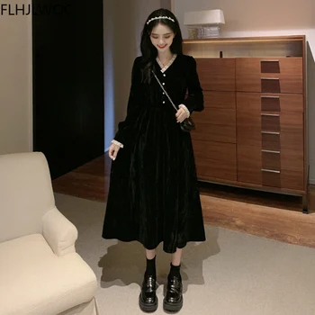 Francúzsky Štýl Fenimine Vestidos Ženy Módy V Krku Singel Svojim Tlačidlo Elegantné Dlhé Čierne Vintage Šaty D1662