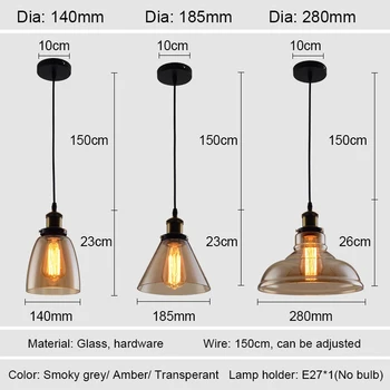 Vintage Prívesok Svetlá Moderný Sklenený Prívesok Lampa Loft Retro Hanglamp Priemyselné Lampy, Jedáleň, Spálne, Kuchyne E27 Údená Sivá