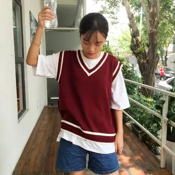 2019 Jeseň Plus Veľkosť Vesta bez Rukávov kórejský Bežné Ženy Vesta zrastov Pruhovaný sveter vesta kz212