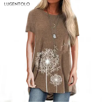 Lugentolo Harajuku Ženy T-Letné tričko Krátky Rukáv Ležérny Top Tee Plus Veľkosť O tvaru Kvetu Kvetinový Tlač Lady T-shirts