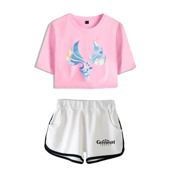Anime Hry Genshin Vplyv Plodiny T tričko, šortky v Lete ženy/dievčatá 2D Tlač Dve Kus Nastaviť obrázok cos[položiť kostým Oblečenie zhongli