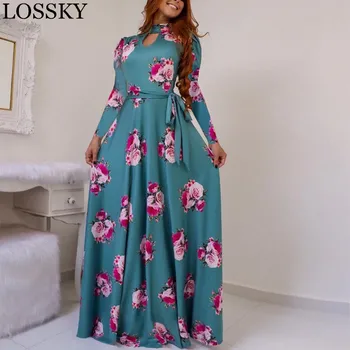 Elegantné Jar Jeseň Ženy Šaty 2019 Bežné Bohmia Kvetina Tlače Maxi Šaty Módne Duté Sa Tunika Vestidos Šaty Plus Veľkosť