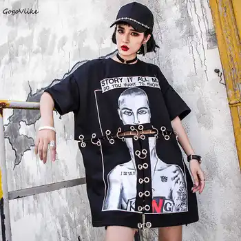 2020 Kovový Krúžok Žien T Letné Tričko Bavlna Ženy Kpop Kórejský Voľné Duté Z Hip Hop, Punk Štýl Bežné T-Shirt List Topy S50