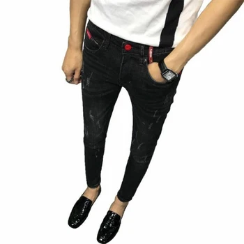 Trendy 2020 módne pánske rovnaké štíhle nohy chudá džínsy kórejský úsek mačka fúzy black staré sociálne chlap ostrihané ceruzkou nohavice