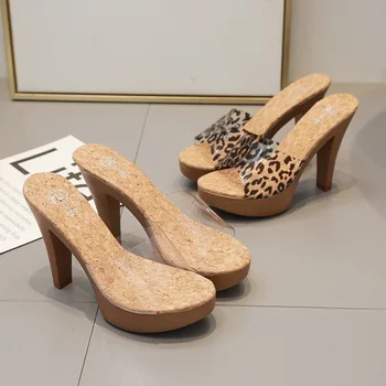 PVC Papuče dámske Topánky Európe, Spojených Štátoch, v Lete Vysoké Podpätky, Topánky 11 cm Sexy Transparentný Vonkajší Sklzu Leopard Sandále Čerpadlá
