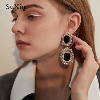 SuXin náušnice 2020 nové jednoduché temperament štvorcové náušnice pre ženy dlhé veľké krištáľovo prívesok náušnice šperky darček