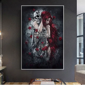 Abstrakt Lebky Dievča Plátno Umenie Plagáty a Vytlačí Tmavé Ruže, Kvety Wall Art Obrazy Obrázky Cuadros pre Obývacia Izba Dekor